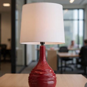 Red Ceramic Wavy Textured Lamp with White Drum Shade